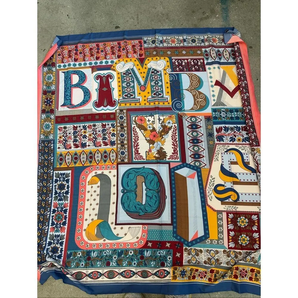 Bimba y Lola 100% Silk Alphabet Letter Print Square Scarf Floral Multicolor